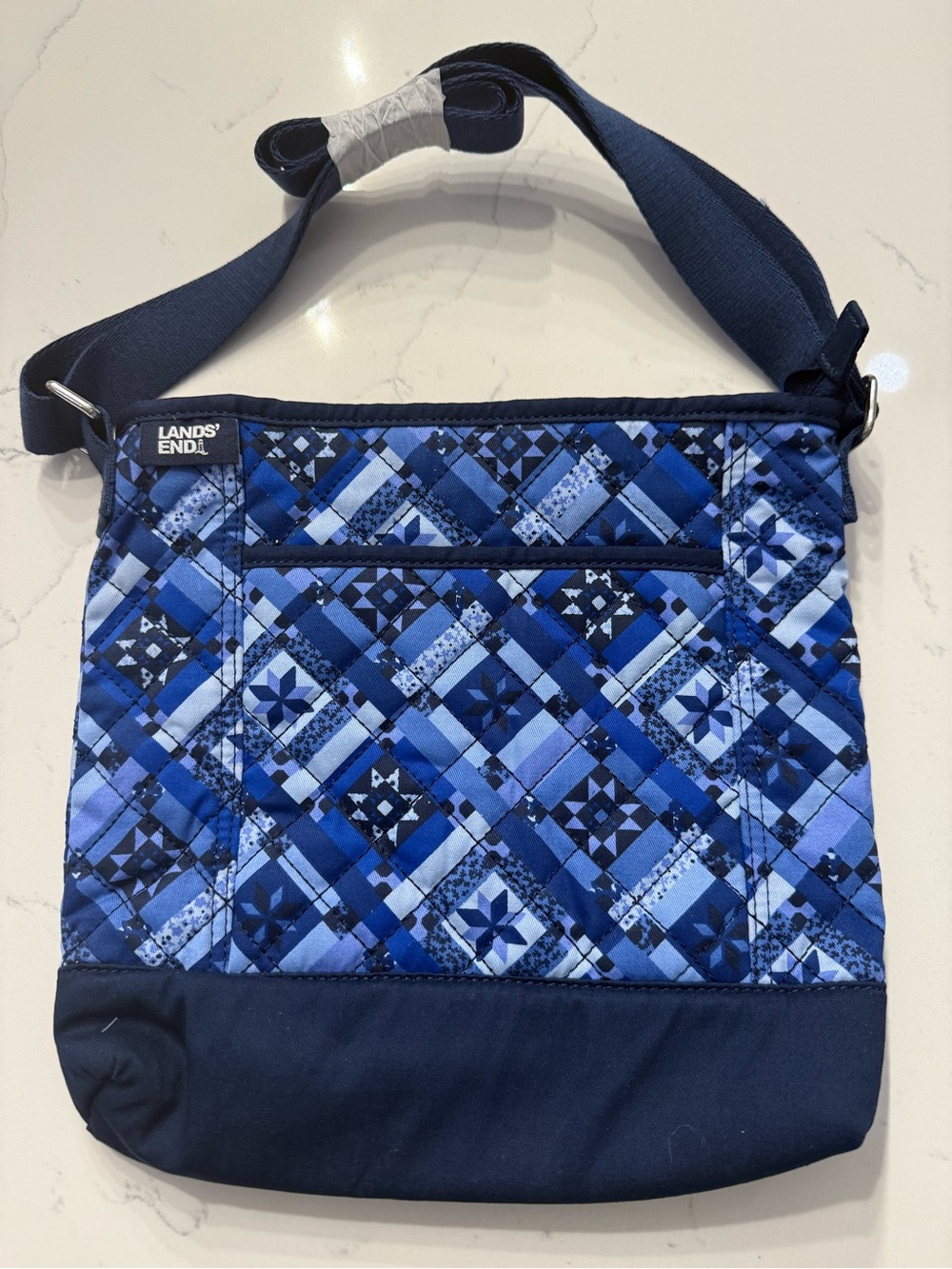 Lands' End Quilted Patchwork Crossbody in Navy and Light Blue